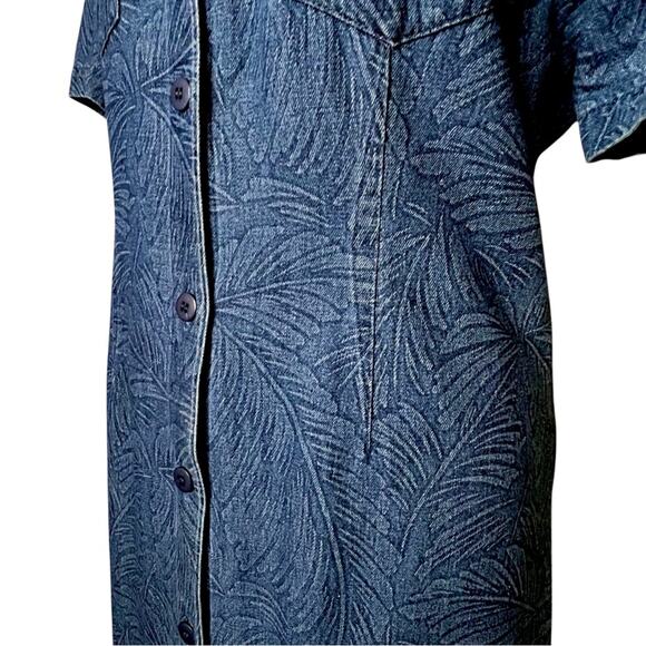 Coldwater Creek Denim Button Shirt Dress PM Palm Leaf Side Slits Retro Academia - Picture 6 of 11